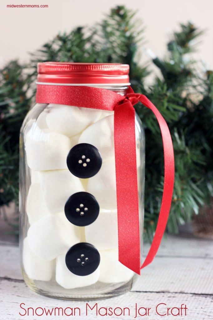 Simple Snowman Mason Jar Craft. Add your favorite treats to complete the snowman.