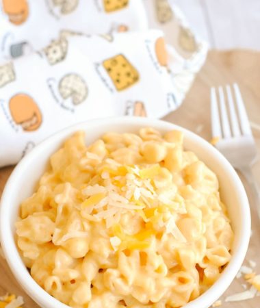 Mac 'n Cheese in a white bowl.