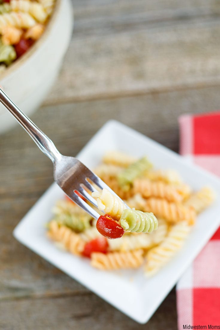 Fork holds a bite of the Zesty Italian Pasta Salad in the foreground. In the background you see the small plate of tri-colored pasta salad.