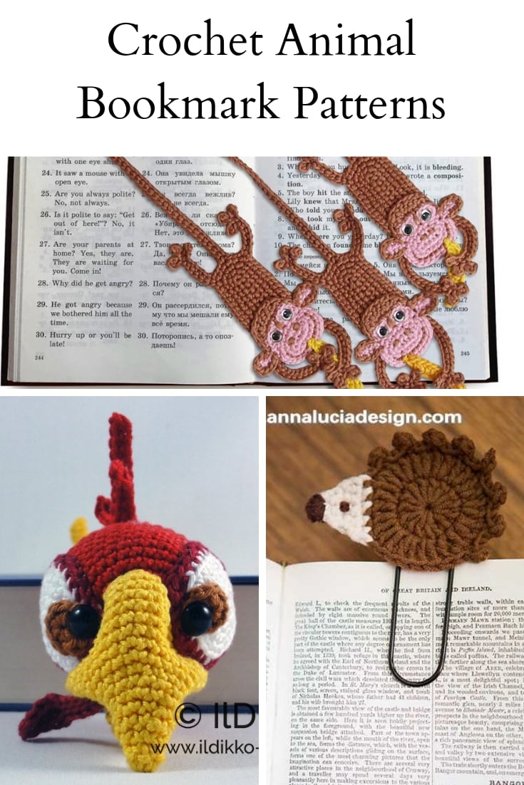 Show a collage of 3 images: monkey crochet bookmarks, parrot crochet bookmark and a hedgehog crochet bookmark.