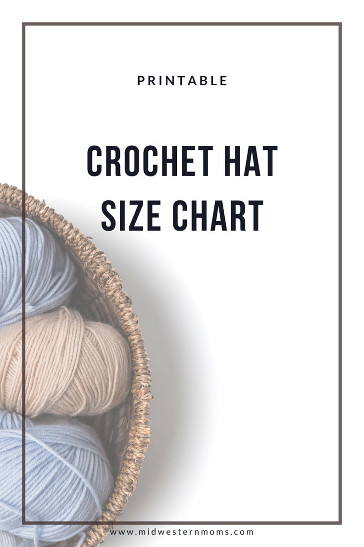 Basket with yarn with text that say Printable Crochet Hat Size Chart.