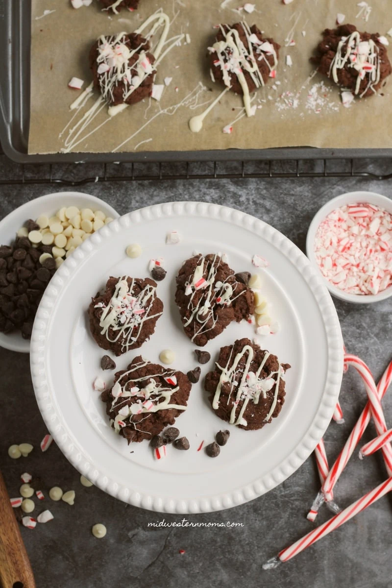 Chocolate Peppermint cookies sitting on a white platter on a grey background.